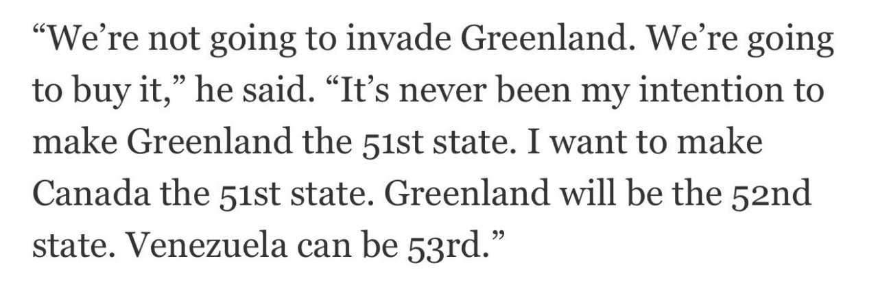 Дональд Трамп заявил что США не планируют военное вторжение в Гренландию а намерены её приобрести Президент США уточнил что никогда не рассматривал Гренландию как 51 й штат поскольку это место отводится Канаде Гренландия по его словам станет 52 м штатом а Венесуэла потенциально 53 м Мы не собираемся вторгаться в Гренландию Мы собираемся её купить сказал Трамп во время ежегодного ужина клуба Альфальфа Подписывайтесь на BFM И в MAX