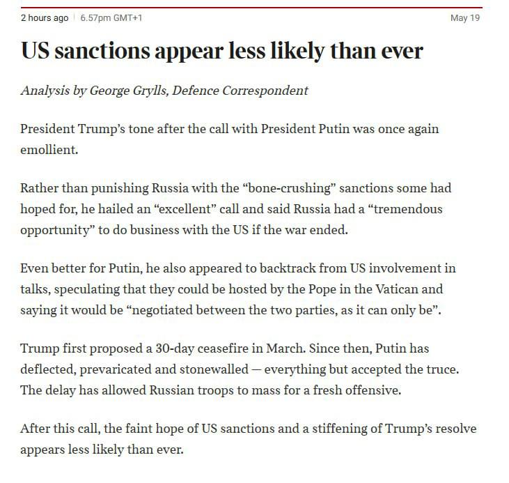 Санкции США теперь выглядят «менее вероятными, чем когда-либо», — The Times. Как сообщает издание, вместо того чтобы наказать Россию «сокрушительными» санкциями, на которые некоторые надеялись, он назвал звонок Путину «прекрасным» и заявил, что у России есть «огромная возможность» вести бизнес с США, если война закончится.