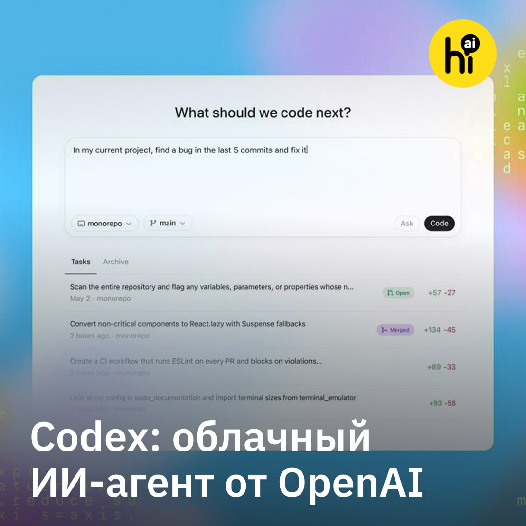 Codex: облачный ИИ-программист от OpenAI OpenAI добавили в ChatGPT ИИ-агента для кодинга Codex. Он выполняет практически весь спектр задач разработчика: пишет код, тесты и документацию, отвечает на вопросы о программе, проводит оптимизацию и рефакторинг. «К концу 2025 года разработка ПО полностью изменится», — пообещал президент OpenAI Грег Брокман в ходе анонса. Особенности Codex: Агент получает доступ к коду через Git и запускает программу в изолированной песочнице. Параллельно агент может выполнять сразу несколько задач. «Под капотом» — основанная на o3 модель codex-1. В тесте SWE-Bench Verified она выступает на уровне o3-high, но среди реальных внутренних задач OpenAI модель выполняет 75% o3-high —70%, o1-high — 11% . Инженеры стартапа уже регулярно используют Codex в работе. Усиленная безопасность: агент откажется работать над вредоносным ПО, при исполнении кода его доступ в интернет отключен. Также в локальном ИИ-агенте Codex CLI, работающем в командной строке, теперь будет работать облегченная версия codex-1, основанная на o4-mini. Доступ к Codex начнут открывать уже сегодня — пока только для пользователей с подпиской Pro $200/мес. и корпоративных клиентов. Plus-подписчики и студенты смогут попробовать агента позже. Еще по теме: CEO OpenAI Сэм Альтман о том, почему потомки будут нас жалеть Operator: первый агент OpenAI , AI! #новости #ChatGPT #Codex