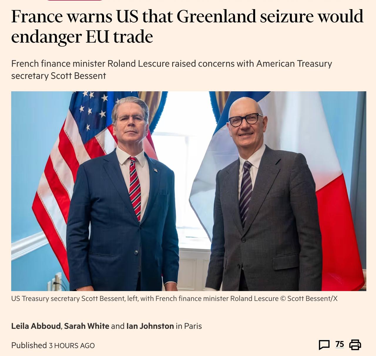 Франция пригрозила США разрывом экономических отношений с Европой в случае попытки захвата Гренландии сообщает Financial Times Министр финансов Франции Роланд Лескюр рассказал что еще в понедельник в Вашингтоне передал это заявление Белому дому Гренландия суверенная часть суверенного государства входящего в ЕС С этим не следует шутить заявил Лескюр Напомним что после этой встречи в понедельник Европа также объявила об отправке войск в Гренландию но это не изменило публичную риторику команды Трампа Они и дальше озвучивают претензии на Гренландию Сайт Страна X Twitter Прислать новость фото видео Реклама на канале Помощь