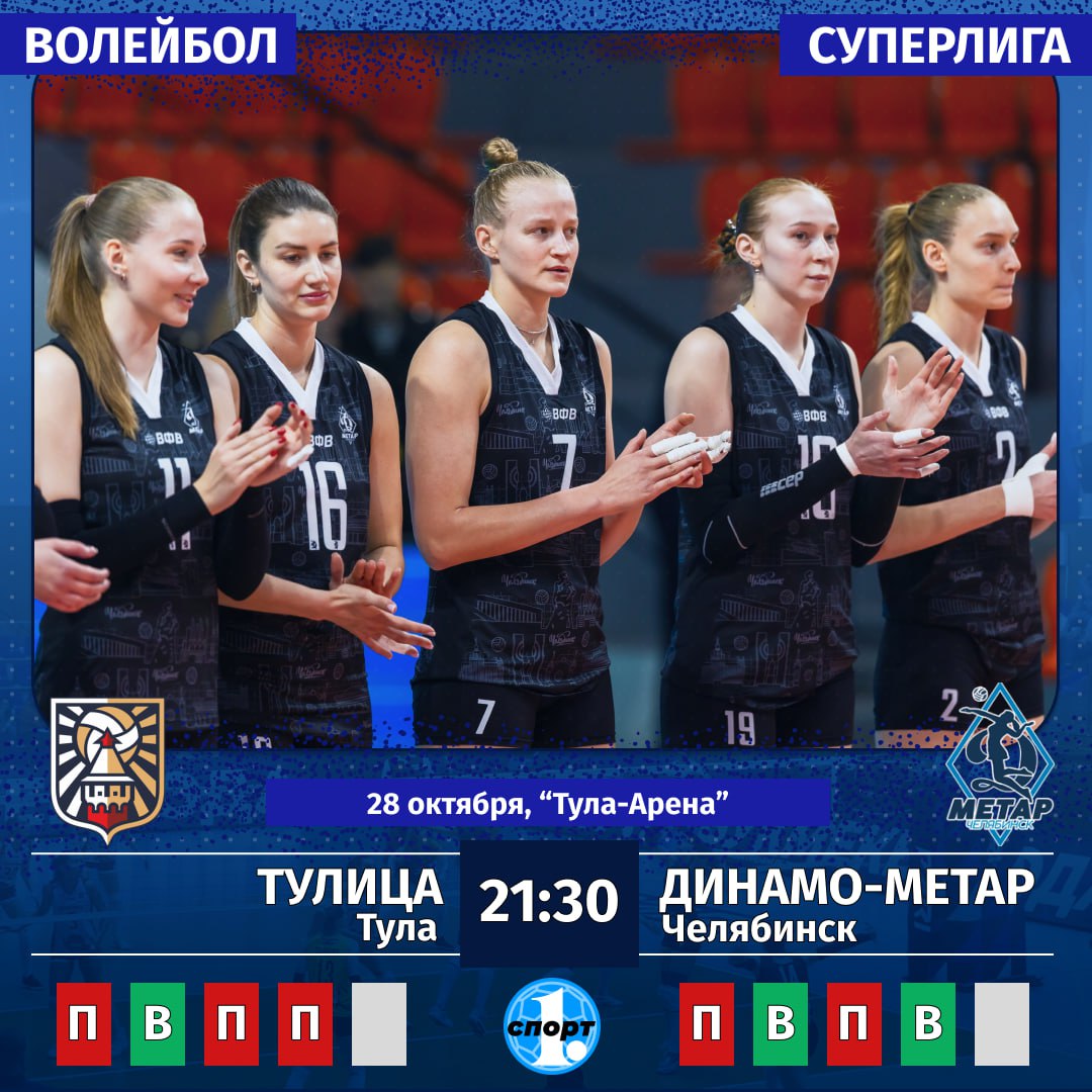 В женской волейбольной Суперлиге челябинская команда Динамо Метар сегодня сыграет в гостях с Тулицей  Соперник занимает предпоследнюю строчку в турнирной таблице но это не должно никого смущать Тульчанки единственную победу из четырех матчей одержали в гостях над столичным Динамо Ждем упорной борьбы и нашей победы Прямая трансляция матча доступна по ссылке Начало в 21 30 odinblsport