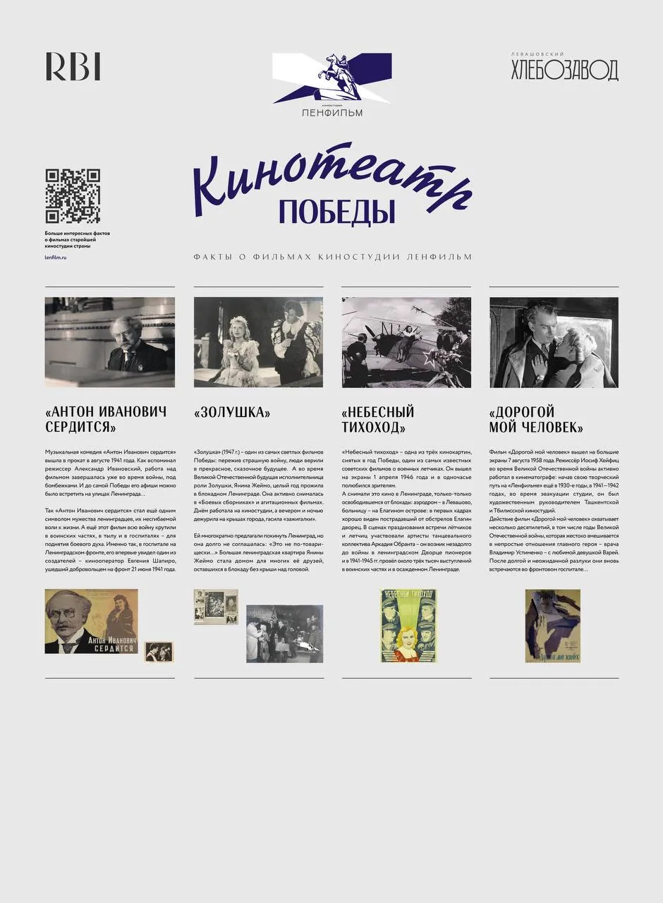 9 мая на Левашовском хлебозаводе пройдут бесплатные кинопоказы классики Ленфильма о войне любви и мире В отдельном помещении Левашовского хлебозавода гараже откуда в блоканые годы выезжали фургоны с хлебом и где сегодня располагается современный паркинг все желающие смогут посмотреть киноленты времен Великой Отечественной войны и фильмы послевоенной эпохи Киностудия организует площадку Кинотеатр победы а также предоставит автомобиль из своего автопарка Willys Overland Motors 1941 года выпуска и военные костюмы Кинопрограмма фестиваля 13 30 Антон Иванович сердится реж Александр Ивановский 1941 год 15 00 Золушка реж Надежда Кошеверова Михаил Шапиро 1947 год 17 00 Небесный тихоход реж Семен Тимошенко 1945 год 18 45 Дорогой мой человек реж Иосиф Хейфиц 1958 год ЛенфильмРекомендует