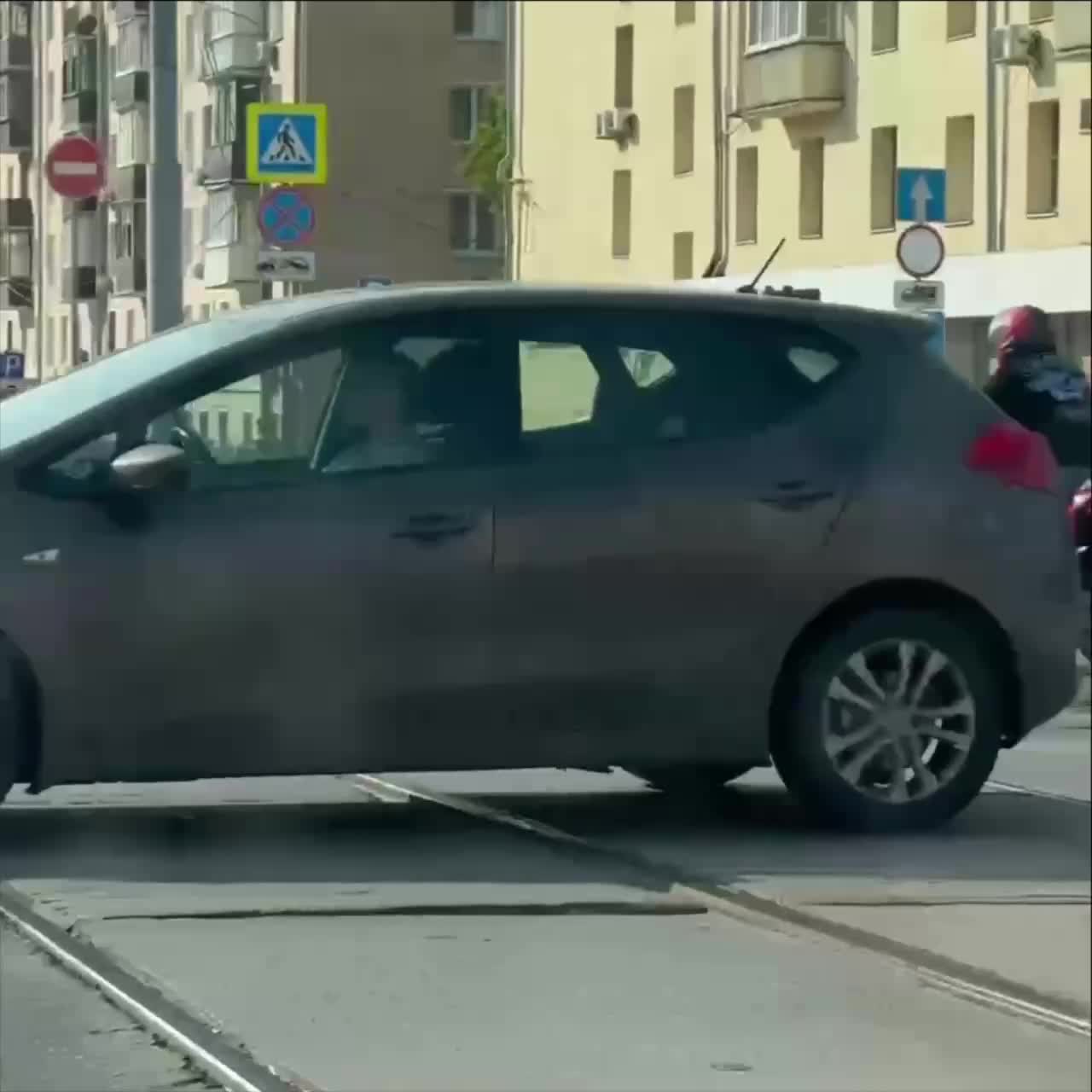 Мотоциклист помог утиной семье перейти дорогу на Ленинском проспекте