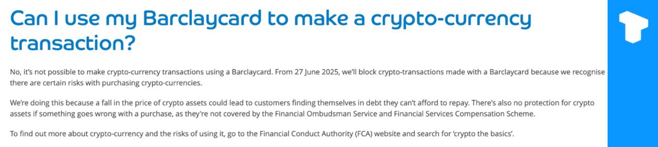 С 27 июня Barclays запретит клиентам использовать личные карты для любых криптовалютных транзакций. Телеграм Х Сообщество Источник