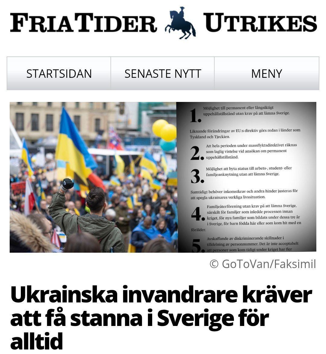 Fria Tider: украинские беженцы потребовали права остаться в Швеции навсегда Более 10 тысяч украинцев, проживших в стране всего несколько лет, подписали петицию с требованием не отправлять их домой. Они также потребовали упростить переезд в Швецию их родственников. Среди требований украинских мигрантов — возможность получить постоянный или долгосрочный вид на жительство без необходимости покидать страну, упрощенная смена статуса на рабочую или студенческую визу, а также воссоединение семей по упрощенной процедуре — в том числе для недавно созданных уже в Швеции.