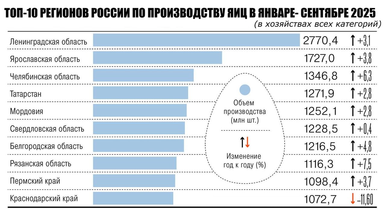 В Росстате назвали регионы где производится больше всего куриных яиц Рентабельность производства по итогам января сентября 2025 года составила всего 5 5 против 38 81 год назад Падение во многом связано с кризисом перепроизводства в отрасли что привело к резкому снижению цен К октябрю этого года цены опустились до 5 3 тысяч рублей за 1 тысячу штук Два года назад яйца подорожали почти на 45 разогнав серьезно продовольственную инфляцию Это вынудило власти взять на время под контроль их ценообразование Сейчас почти по всем российским птицефабрикам отмечается снижение рентабельности выпуска куриных яиц и это связано с их перепроизводством Несколько легче чувствуют себя производители из Сибири где выпуск яйца не превышает спрос На Урале рентабельность удалось удержать из за вспышек птичьего гриппа на некоторых предприятиях это привело к снижению предложения