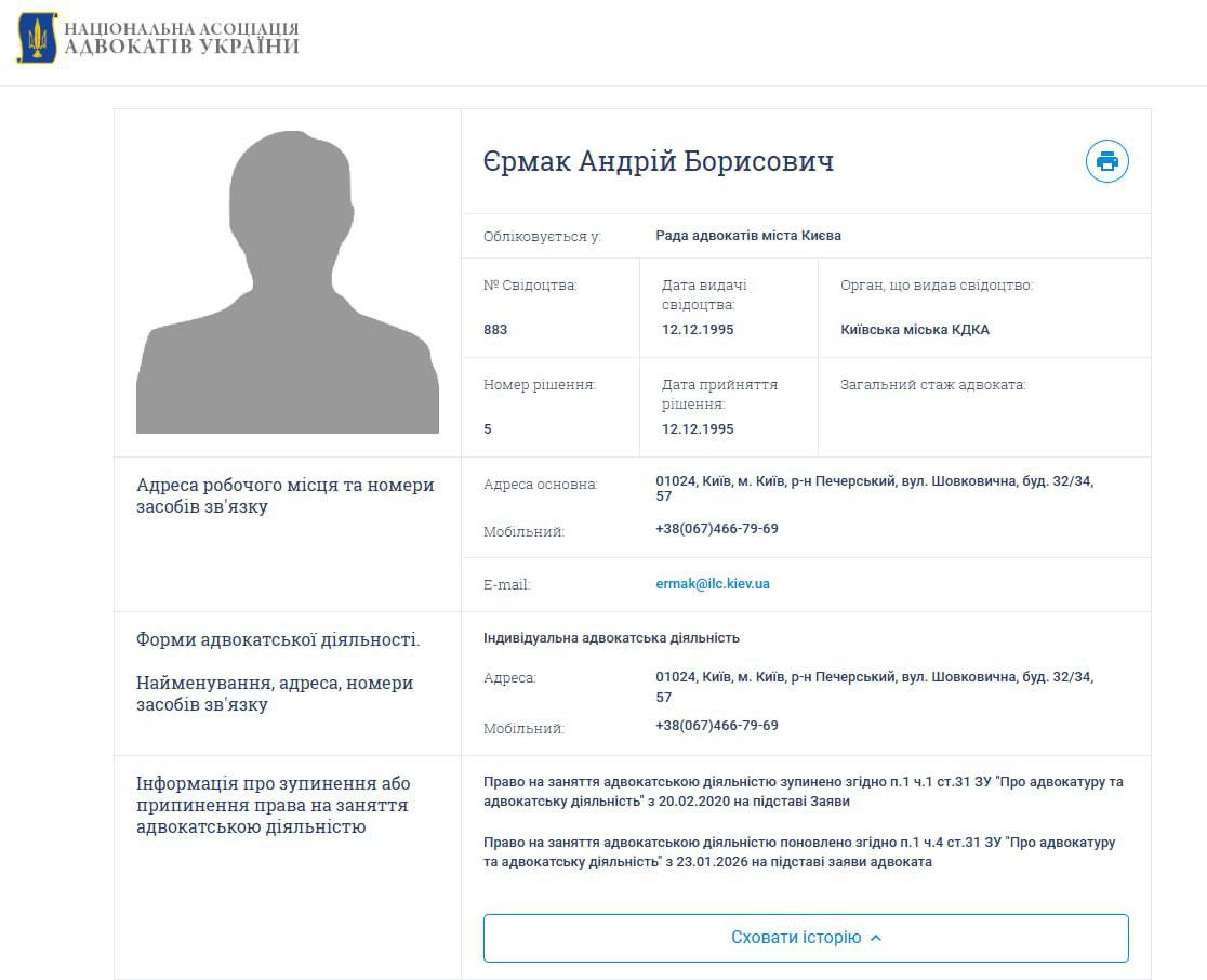 23 января 2026 года Андрей Ермак возобновил адвокатскую деятельность Об этом свидетельствует информация Национальной ассоциации адвокатов Украины Ермак не работал адвокатом с 20 февраля 2020 года когда возглавил Офис президента До этого его практика длилась почти 25 лет