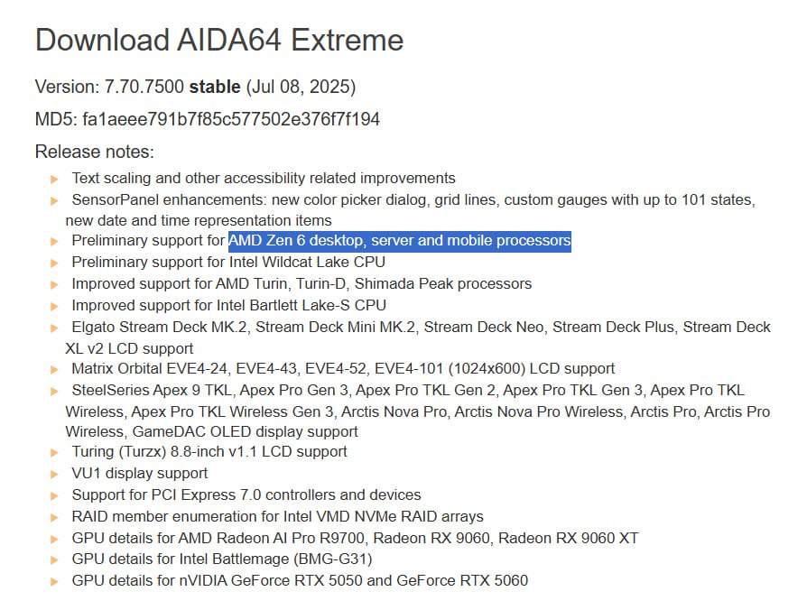 Чипы на Zen 6 и Radeon RX 9060 уже близко? В стабильной версии AIDA64 7.70.7500 появилась базовая поддержка будущих Ryzen на архитектуре Zen 6, а также Radeon RX 9060 без индекса XT. Это может говорить о том, что эти решения уже проходят финальную обкатку в стенах AMD, и до релиза осталось немного времени. Напомним, Ryzen на Zen 6 должны получить по 12 ядер на CCD, то есть до 24 суммарно, а также улучшенные контроллеры DDR5. Мой Компьютер