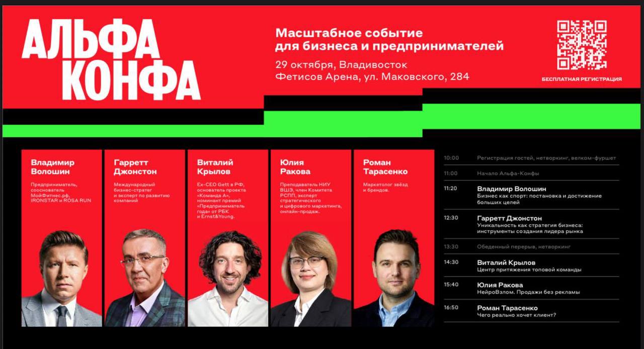 Более 3 тысяч предпринимателей соберутся на бизнес конференции в Приморье 29 октября во Владивостоке состоится крупнейшее деловое событие АЛЬФА КОНФА Местом встречи станет площадка Фетисов Арена Участников ждёт динамичная шоу программа с топовыми спикерами  Владимир Волошин  Роман Тарасенко  Гарретт Джонстон  Виталий Крылов  Юлия Ракова Участие бесплатное Сбор гостей с 10 00  Начало программы в 11 00 Обязательна предварительная регистрация для входа потребуется QR код Успейте зарегистрироваться количество мест ограничено Забронировать место на Альфа конфе