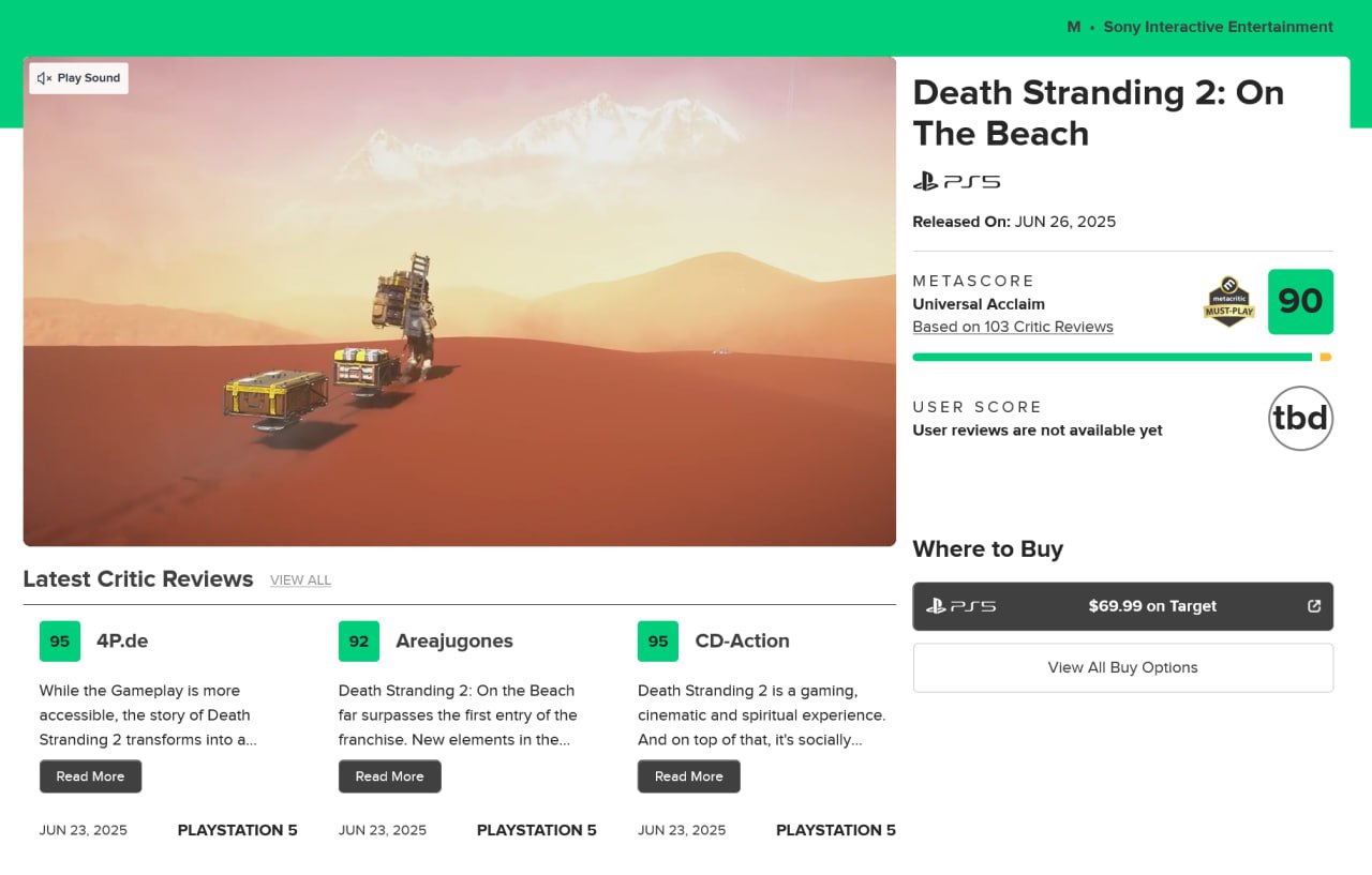Death Stranding 2: On The Beach получила 90 баллов от критиков на Metacritic и 89% на Opencritic. Если не учитывать улучшенные релизы игр серии Zelda для Switch 2, то это четвертая игра года по оценкам на Metacritic. Рецензенты утверждают, что это отличный сиквел значительно улучшающий все элементы оригинала. Плохие оценки только ставят те, кто кому очень понравилась геймплейная формула первой части, а во второй стало больше перестрелок и экшена. Игра доступна на PS5.
