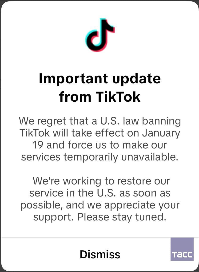 TikTok начал уведомлять пользователей в США о блокировке сервиса с 19 января, сообщает корреспондент ТАСС. #Россия #Z #Зеленский #украина #победаzaнами #BarguZin24  БаргуZин     Vk   YouTube   TikTok   X