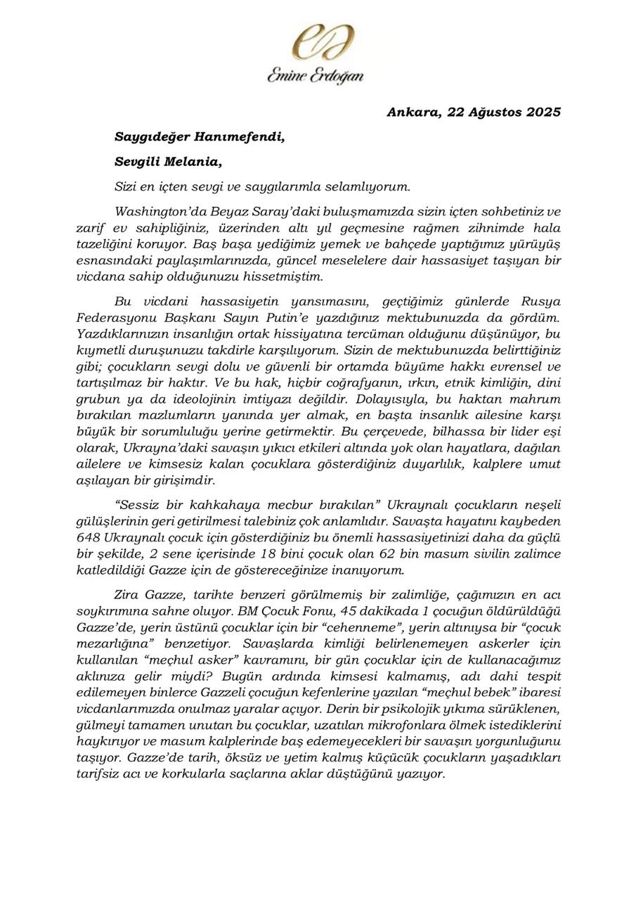 Неудобно вышло жена Эрдогана направила письмо Мелании Трамп с призывом уделить детям Газы такое же внимание какое первая леди США проявила к украинским детям имея ввиду письмо Мелании российскому президенту Она напомнила страдания всех детей должны восприниматься одинаково По данным ООН каждые 45 минут в Газе погибает один ребенок Супруга Эрдогана предложила Мелании сделать следующий шаг обратиться напрямую к Нетаньяху и потребовать остановить гуманитарную катастрофу Посмотрим хватит ли на это решимости Или это другое А украинских детей пусть лучше в какой нибудь Германии ищут Прислать новость