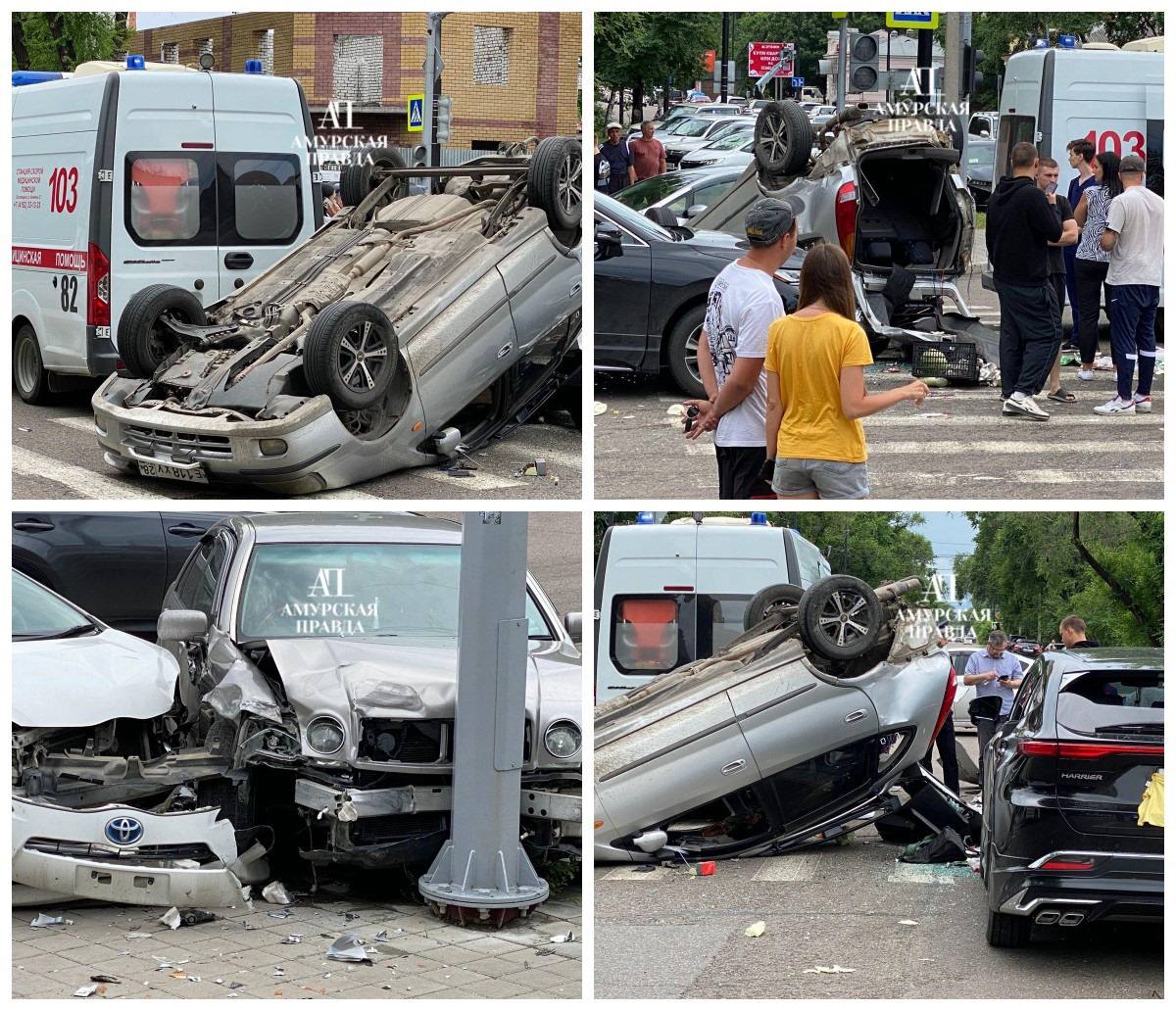 После аварии из пяти автомобилей в Благовещенске медпомощь оказали одному водителю  В ДТП столкнулись автомобили Nissan Tino, Toyota Progres, Toyota Prius, Toyota Harrier и Toyota Aqua. Помощь оказались водителю Nissan Tino 1989 года рождения, об остальных пострадавших в Госавтоинспекции Приамурья не сообщили.   В результате аварии одна из машин врезалась в столб, а другая перевернулась на крышу.