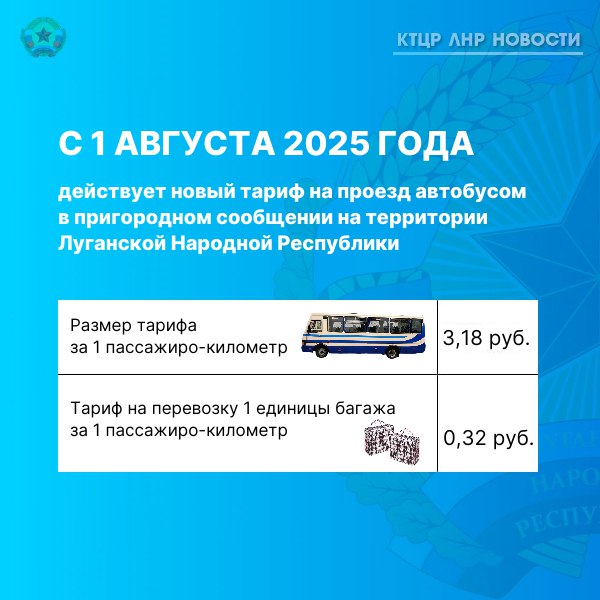 С 1 августа в ЛНР вводится новый тариф на проезд в пригородных автобусах.   Стоимость проезда составит 3,18 рубля за каждый километр пути.   Тариф на перевозку багажа также будет фиксированным — 32 копейки за километр.   Тарифы будут действовать до 1 января 2027 года, сообщили в Комитете по тарифам ЛНР.  Прислать новость     Подписаться
