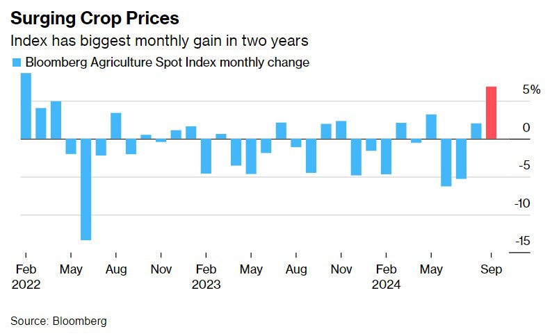 Экстремальные погодные условия в ряде регионов мира могут привести к взлёту цен на продукты питания, — Bloomberg   Фермы от Бразилии до Вьетнама и Австралии борются с наводнениями и засухой, угрожающими производству сахара, зерна и кофе и приводящими к росту цен на основные продукты питания, — констатирует Bloomberg   На 7% подскочил за месяц индекс цен на сельскохозяйственную продукцию Bloomberg, включающий девять основных продуктов питания. Это максимальный показатель с момента начала конфликта на Украине, вызвавшего резкий рост рынков в начале 2022 года   Австралийские поля столкнулись одновременно с угрозами засухи  и заморозков. Фьючерсы на пшеницу в Чикаго выросли в сентябре на опасениях, что погодные условия могут ещё больше сократить мировые запасы зерна, которые уже приближаются к девятилетнему минимуму   Фьючерсы на сою показали самый большой месячный прирост за два года, поскольку ведущий производитель Бразилия борется с самой сильной засухой за десятилетия   «Засуха в большей части северной и центральной Бразилии продолжит угрожать урожаю сельскохозяйственного тяжеловеса. Кроме того, трейдеры следят за напряжённостью на Ближнем Востоке  и за тем, как исход предстоящих выборов в США повлияет на торговые отношения с Китаем», — подчёркивает Bloomberg  «КРИСТАЛЛ РОСТА» ранее информировал, что по мнению Главы Российского государства продовольственная  самодостаточность — это реальное преимущество России