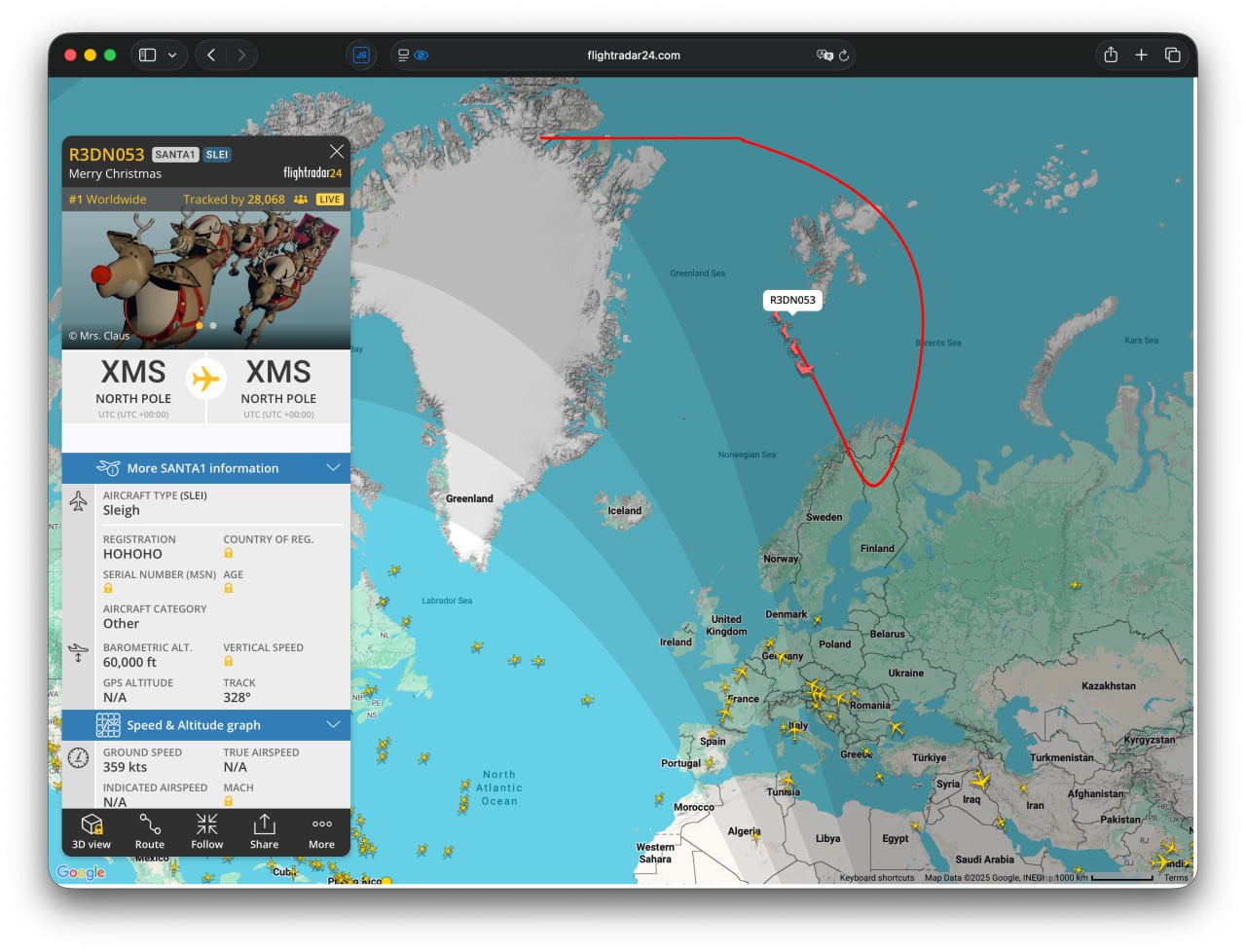 Санта Клауса поймали на радарах сервис Flightradar начал отслеживать его передвижения по небу накануне Рождества в западных странах Найти Санту можно по иконке упряжки он вылетел с Северного полюса и уже возвращается обратно Если кликнуть на рейс на экране начнется снегопад Заряжаемся праздничным настроением тут