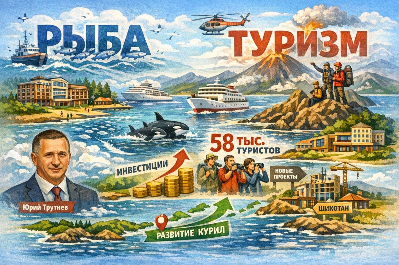 Когда то главным словом ассоциировавшимся с Курильскими островами была рыба Сегодня к нему уверенно добавляется туризм Благодаря специальным режимам для инвесторов инициированных полпредом президента в ДФО Юрием Трутневым острова переживают настоящий инвестиционный бум и привлекают туристов со всего мира Новые гостиницы туроператоры и круизные перевозки дали толчок росту туристического потока на острова В 2025 году Курилы посетили 58 тыс человек Это почти в 2 раза больше чем год назад отметил вице премьер Планы на будущее ещё масштабнее Сейчас завершается строительство гостиницы в Северо Курильске и создаётся туристический комплекс на Шикотане Интерес инвесторов только растёт только в январе 2026 года статус резидента получили ещё 3 новые компании Курилы согласно экспертным оценкам сегодня выбрались из экономического пике и демонстрируют успешную модель развития Здесь создают не только новые рабочие места но и современную туристическую отрасль Россыпь островов очень быстро превращается в одну из самых ярких точек на карте Дальнего Востока