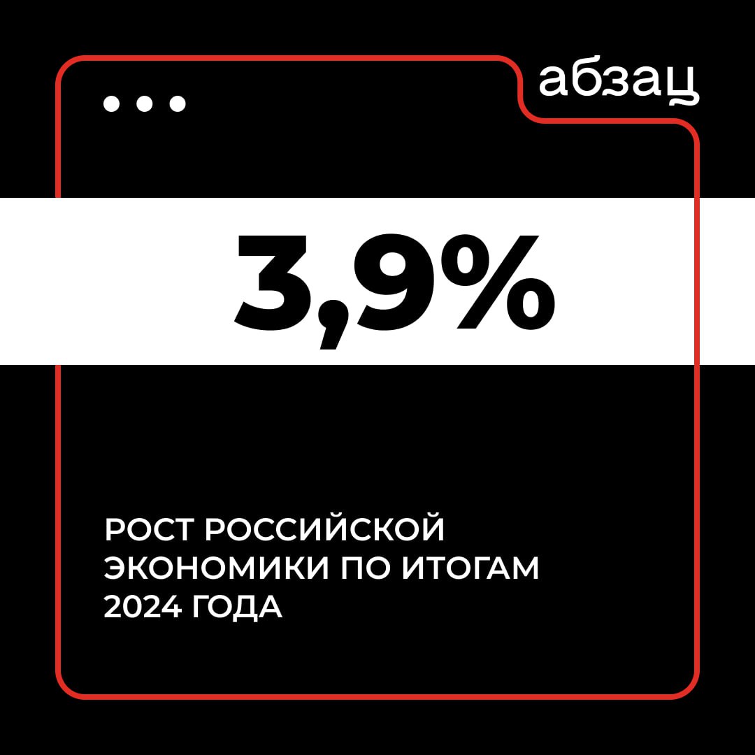 Рост российской экономики по итогам 2024 года прогнозируется на уровне 3,9%   Об этом сообщил вице-премьер РФ Александр Новак.  По его словам, экономика в последние годы показывает устойчивое развитие.  Подписывайтесь на «Абзац»