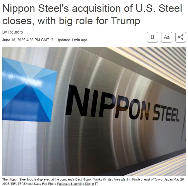 Nippon Steel завершила сделку по приобретению U.S. Steel за $14,9 млрд — Reuters Nippon Steel заявила, что её годовой объём производства сырой стали достигнет 86 млн т, что приблизит компанию к глобальной стратегической цели в 100 млн т Читать далее #