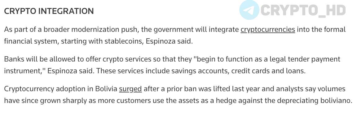 Официальное внедрение криптовалюты в Боливии Власти Боливии планируют официально интегрировать цифровые активы в национальную финансовую систему начиная с стейблкоинов Банки получат право оказывать криптосервисы делая такие продукты законной частью платежной инфраструктуры Жители и малые предприятия уже активно используют криптовалюты преимущественно USDT для расчетов investing investing