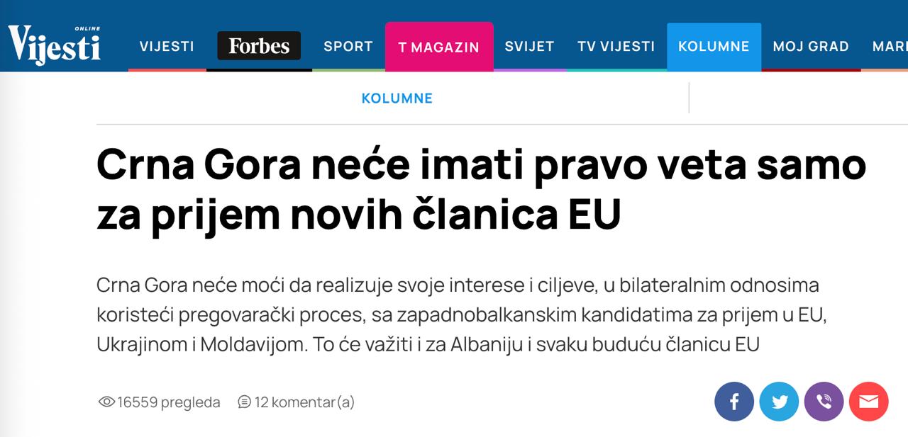 Украина в случае вступления в ЕС не будет иметь права вето на прием новых членов следует из публикации черногорского издания Vijesti Издание пишет что Черногория Албания а также все последующие новые члены ЕС будут лишены права вето в этом вопросе Такая мера вводится из за позиции Хорватии и Болгарии которые блокируют вступление Черногории и Северной Македонии А также чтобы предотвратить возможные попытки Сербии блокировать вступление Косово или наоборот По данным издания такое предложение выдвинула Германия и оно было поддержано многими странами ЕС Сайт Страна X Twitter Прислать новость фото видео Реклама на канале Помощь