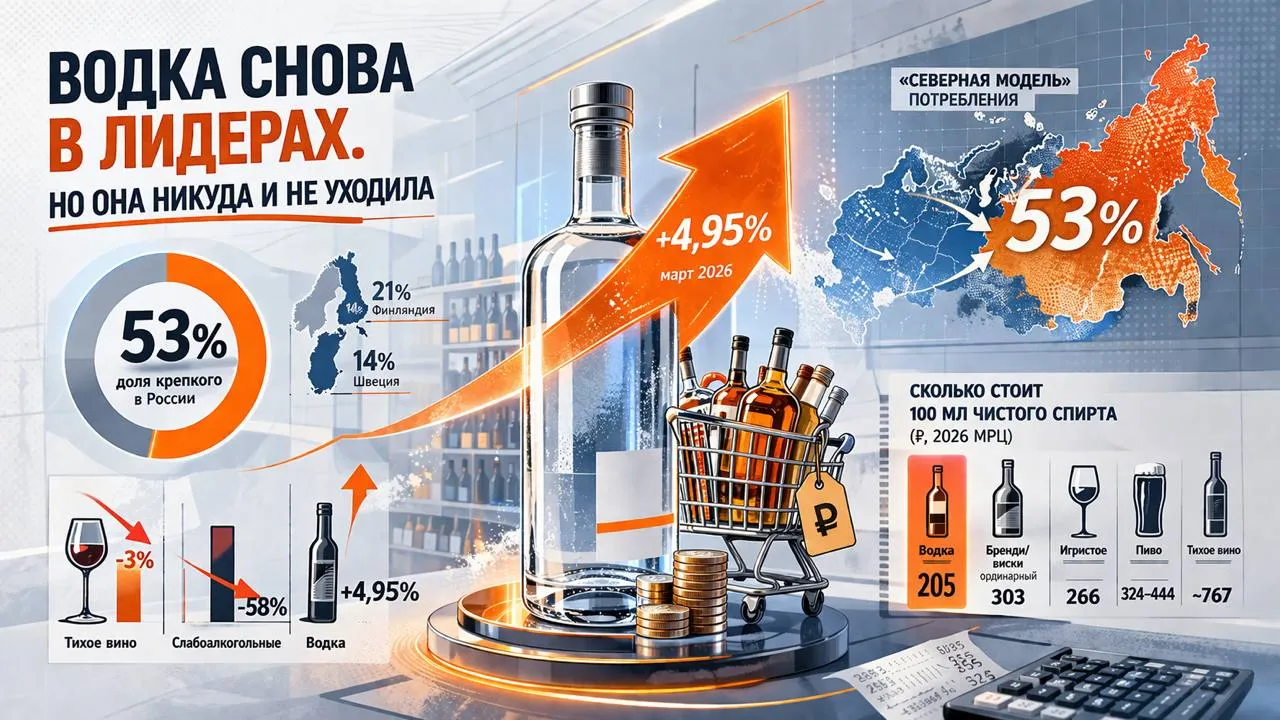 Коммерсант сообщает Потребители вернулись к истокам Продажи водки растут в марте 2026 года на 4 95 Но это не возвращение к истокам Это бренди и виски подорожало на 28 а водка только на 17 Покупатель просто посчитал Северная модель потребления в России 53 крепкого в балансе спирта никуда не уходила Государство повысило акцизы и случайно её укрепило Минздрав при этом рапортует об историческом минимуме потребления Два счётчика два ответа и оба формально правы Читать Водка снова в лидерах Но она никуда и не уходила