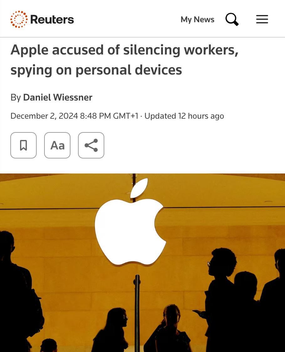 Apple обвинили в слежке за сотрудниками. По словам одного из них, компания заставляет качать специальный софт на личные девайсы.  Отслеживают почту, фотопленку, данные из «умного» дома и приложения «Здоровье». То есть даже то, что с работой не связано.  В самой Apple проблему отрицают.