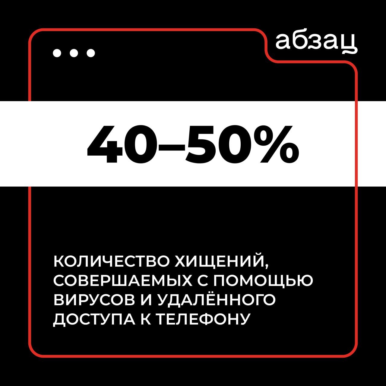 Мошенники всё чаще используют вирусы  Как заявила глава Центробанка Эльвира Набиуллина, около 40–50% всех хищений последние полгода совершается с помощью вирусов с функцией удалённого доступа к телефону.  Вредоносные программы мимикрируют под обычные приложения. Сначала мошенники наблюдают за телефоном, а затем удалённо открывают банковское приложение.  Подписывайтесь на «Абзац»