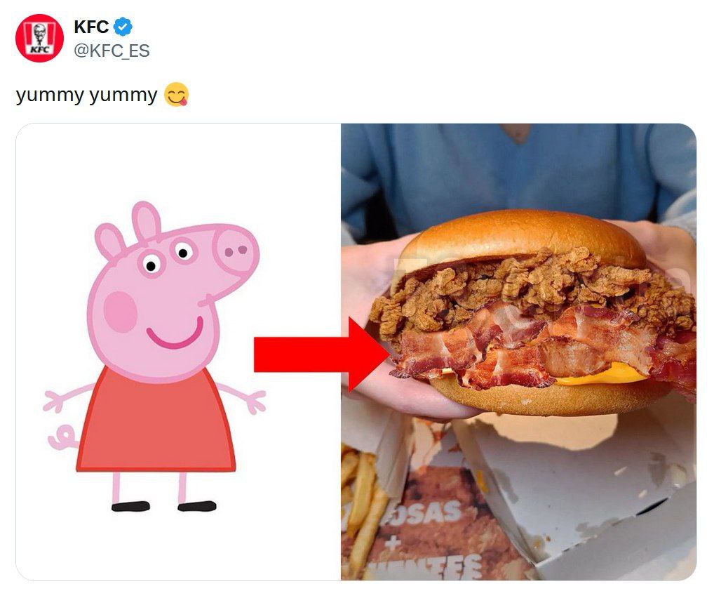 Испанский KFC объявил о коллаборации со Свинкой Пеппой. Такой неожиданный пост появился в официальном аккаунте ресторана в X.