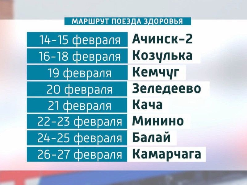 В феврале «поезд здоровья» посетит 8 станций КрасЖД  В «поезде здоровья» размещены кабинеты функциональной диагностики, ультразвукового исследования, стоматологический кабинет, рентген, лаборатория и перевязочная. Приём будут вести узкие специалисты. Часы работы – с 8:00 до 18:00. На приём к врачу нужно взять с собой паспорт, свидетельство о рождении  для ребёнка , полис ОМС, выписку из амбулаторной карты, а также результаты пройденных обследований.