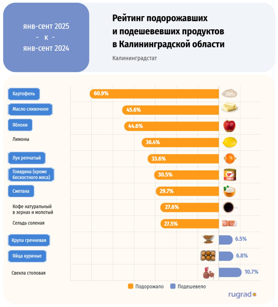 Подорожали 9  8   продуктов Только 3 из 134 продуктовых позиций не прибавили в стоимости в январе сентябре 2025 года по сравнению с аналогичным периодом прошлого года Калининградстат Наиболее значительное повышение цен зафиксировано на картофель 60 9 икру лососевых рыб 45 8 сливочное масло 45 6 яблоки 44 6 По итогам девяти месяцев 9 продуктовых позиций подорожали более чем на 30 28 позиций более чем на 20 Среди подешевевших продуктов яйца куриные которые снизилась в цене на 6 8 Столовая свекла стала дешевле на 10 7 Сливочное масло картофель так же как и значительно подорожавшие яблоки сметана 29 7 и говядина 30 5 вошли в перечень из 26 продовольственных товаров первой необходимости по которым региональные власти производители и торговые сети заключили соглашение о принятии мер по стабилизации цен   RUGRADинфографика
