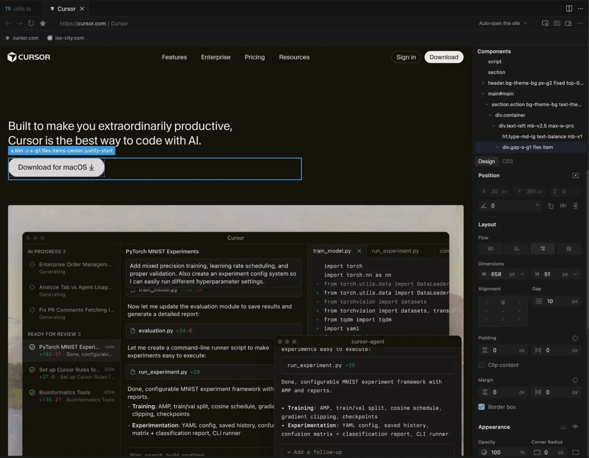 Разработчик ИИ редактора кода Cursor представил инструмент Visual Editor который позволяет редактировать внешний вид сайтов и веб приложений в том числе с помощью текстовых подсказок Нейросеть самостоятельно вносит изменения в код vc ru design 2645359