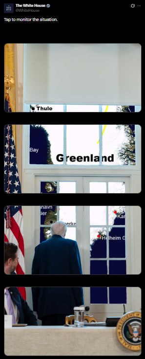 Белый дом опубликовал пост где Трамп смотрит в окно на Гренландию Нажмите чтобы следить за ситуацией говорится в публикации   Telegram MAX Читать эксклюзив