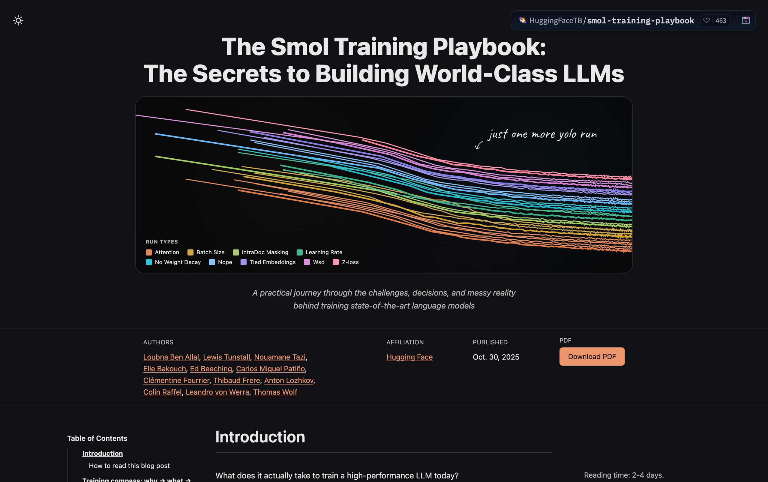 Hugging Face выпустили 200 страничный гайд по обучению LLM В 7 главах подробно разбирается процесс тренировки языковых моделей от начала и до конца архитектура подготовка данных предварительное обучение и пост тренинг В учебнике затрагиваются и неочевидные сложности и проблемы все материалы основаны на опыте команды Hugging Face Рассчитан на то чтобы за несколько вечеров можно было самостоятельно натренировать собственную небольшую LLM Подписывайся на ГлавХак YouFast VPN AML бот Шерлок