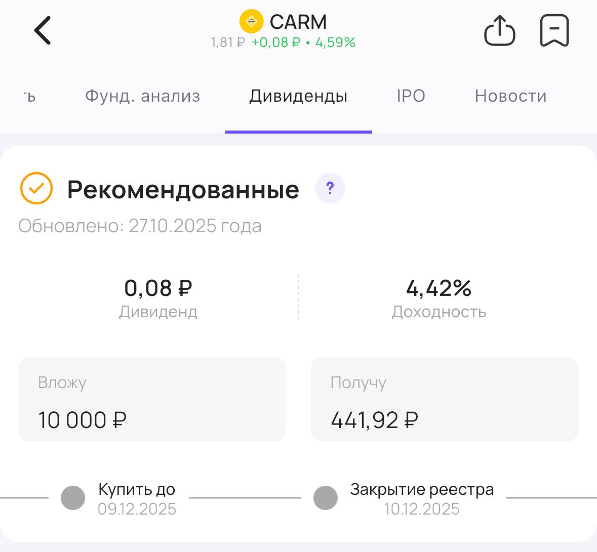 CarMoney объявляет дивиденды Совет директоров финтех сервиса CarMoney CARM рекомендовал акционерам дивиденды за 9 месяцев 2025 года Размер дивиденда 0 08 на акцию Доходность 4 42 Последний день для покупки акций для получения дивидендов 9 декабря Подписаться на Дивиденды дивиденды