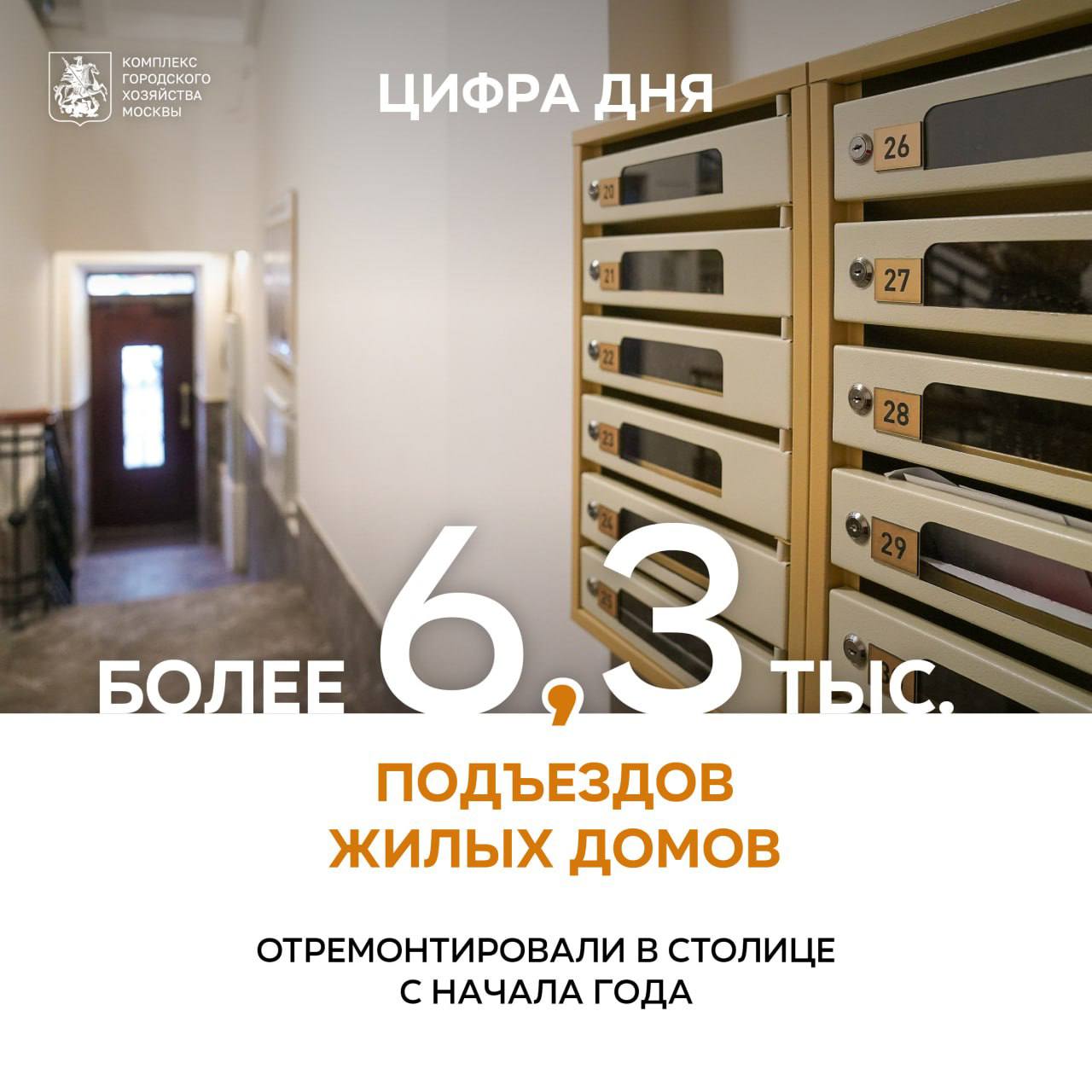 С начала года в столице отремонтировали более 6,3 тыс. подъездов жилых домов Об этом сообщил заместитель Мэра Москвы Петр Бирюков. Обязательные работы включают косметический ремонт — покраску входных групп, потолков и стен. Кроме того, убрали электрическую проводку в специальные короба, обновили теплоизоляцию трубопроводов, облицовку стен, почтовые ящики, ступени, перила и другие поврежденные элементы и конструкции.