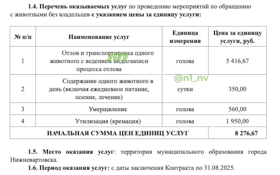 Стало известно, сколько стоит смерть бездомной собаки в Нижневартовске Власти Нижневартовска ХМАО готовы потратить более 5 миллионов рублей на бездомных собак, включая их умерщвление. Администрация города ищет подрядчика для отлова, содержания и утилизации безнадзорных животных до конца лета Согласно тендеру, размещенному на сайте Госзакупок, из бюджета выделят 5 057 709 рублей на решение проблемы с бездомными животными. Город ищет подрядчика, который будет заниматься отловом, содержанием, а в случае необходимости — умерщвлением и кремацией безнадзорных собак. Контракт рассчитан до конца августа. Согласно конкурсной документации, стоимость отлова одной собаки составляет 5416 рублей, суточное содержание — 350 рублей. Умерщвление животного обойдется в 560 рублей, кремация — в 1950 рублей. • vk.com/nv86ru • ok.ru/nv86.ru