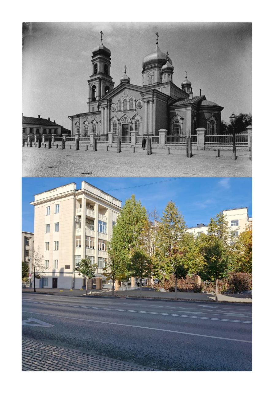 В начале октября 1868 года на Покровской улице ныне Карла Маркса на углу с Поперечно Покровской ныне Карла Фукса был заложен новый храм во имя Покрова Пресвятой Богородицы Строил архитектор Павел Евграфович Аникин он входил в попечительский совет по своему старому проекту В городе Кузнецке Саратовской губернии ранее Аникин построил очень похожий храм Строительство было завершено через пять лет в начале 1874 года Ещё десять лет ушло на отделку Иконостас проектировал архитектор Христофор Григорьевич Пашковский автор здания Реального училища Храм был освящён в октябре 1883 года Настоятелем был потомственный дворянин Стефан Иванович Адорацкий Его внук Владимир Викторович в юности связался с марксистским подпольем а после революции сделал карьеру дослужился до директора института Маркса Энгельса Ленина одно время заведовал партийным архивом ВКП б Сегодня его именем названа улица в Ново Савиновском районе Храм простоял недолго Чуть больше 50 лет В 1933 году был снесён чтобы освободить место для строительства жилого дома сотрудников НКВД ТАССР Проектировал главный архитектор Татпроекта Дмитрий Валентинович Фёдоров От церковного ансамбля сохранилась только Владимирская библиотека Она стоит на углу с Большой Красной Обе фотографии сделаны с одной точки с разницей около 140 лет Казань Было стало Также посмотрите каким был Образовательный дом для Торгово промышленного общества Алафузовских фабрик и заводов в Казани