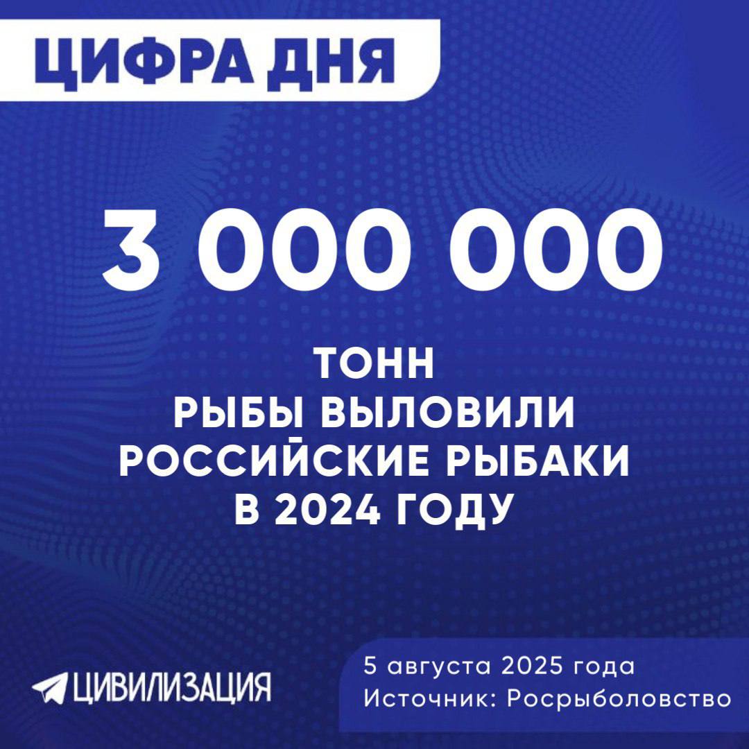 МОСКВА, 5 августа. ИА Цивилизация. ЦИФРА ДНЯ. Более 3 миллионов тонн водных биоресурсов добыли российские рыбаки с начала 2025 года, сообщили в Минсельхозе.  По данным Росрыболовства, наибольший объём пришёлся на Дальневосточный бассейн — почти 2,4 млн тонн. В Северном выловили около 223 тысяч тонн, в Азово-Черноморском — 28 тысяч тонн. Рыбная добыча также велась в исключительных экономзонах других стран и в открытых водах Мирового океана — там собрали свыше 321 тысячи тонн.  Показатели демонстрируют стабильный уровень промысла и высокий вклад отрасли в продовольственную безопасность страны.  ИА «ЦИВИЛИЗАЦИЯ». Подписаться  «Цивилизация» в Rutube, ВКонтакте