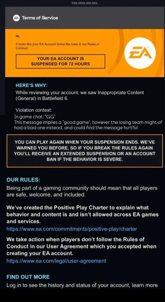В Battlefield 6 игрока забанили за сообщение GG EA заявила в поддержке что фраза Хорошая игра может считаться оскорбительной для проигравшей команды ведь для них игра могла быть плохой   ИгроNews