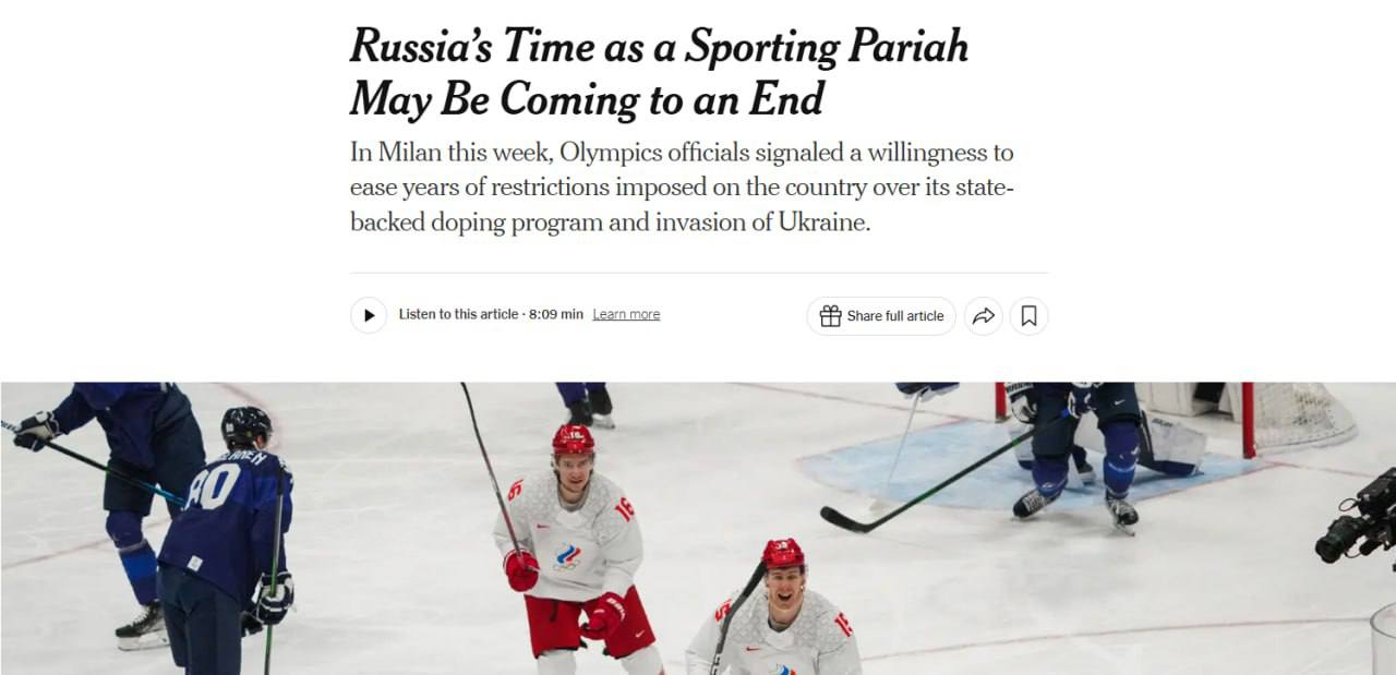 Россия может выйти из бойкота в международном спорте пишет The New York Times ссылаясь на решение Международного олимпийского комитета в Милане Его делегаты выразили готовность принять и приветствовать Россию в основных соревнованиях Так президент МОК Кирсти Конвентри заявил что спорт должен оставаться нейтральной площадкой а Йохан Элиаш глава Международной лыжной федерации призвал к разработке более четких принципов исключения стран из соревнований учитывая другие конфликты в мире Ранее на этой неделе глава ФИФА Джанни Инфантино заявил что запрет его организации на участие в соревнованиях команд из России должен быть снят поскольку он ничего не дал Бойкоты никогда ничего не решали и наказываются только спортсмены заявил Эндрю Парсонс глава исполкома Паралимпийских игр пишет The New York Times
