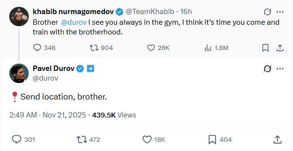 Хабиб Нурмагомедов и Павел Дуров теперь настоящие Бро Экс чемпион UFC пригласил основателя Telegram в свой зал Он обратился к предпринимателю в соцсетях назвав его Братом Дуров согласился заниматься с бойцом также ответив ему братским приветствием