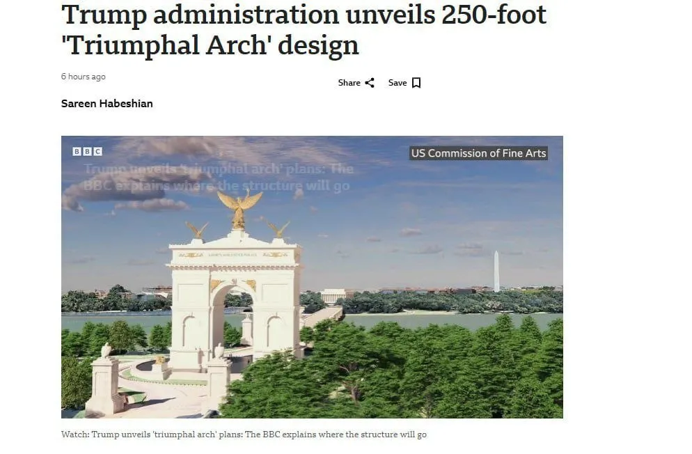 Трамп представил проект новой 76 метровой триумфальной арки которую он намерен построить в столице США Вашингтоне Видимо в честь победы над Ираном newsEconomics