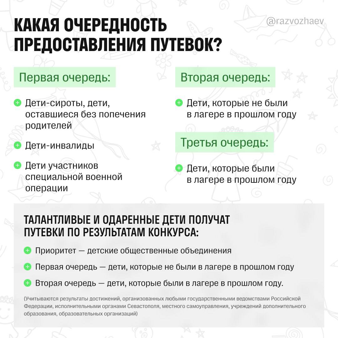 Детские лагеря Севастополя скоро примут первых отдыхающих в этом сезоне. Заявления на первую смену уже можно подавать, написал губернатор города Михаил Развожаев. В 2025 году в Севастополе будет работать 17 лагерей. Среди них три загородных и 14 пришкольных. Развожаев отметил, что севастопольских детей также будут отправлять в крымские детские лагеря. Детальнее – в инфографике.