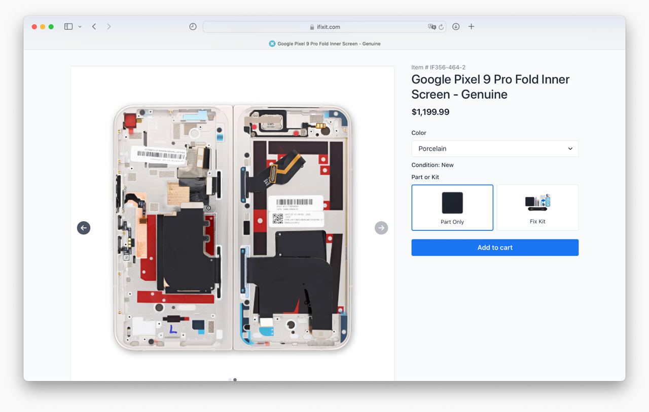 Экран для складного Google Pixel 9 Pro Fold стоит дороже MacBook Air.  Замена внутреннего дисплея с рамкой, шарниром, боковыми кнопками и OLED-панелью обойдется владельцу в $1199 при стоимости смартфона $1799.  Уточнили у дилеров цену ремонта в России, говорят будет точно больше ₽120 тыс. При этом сломать такой экран очень просто:  В условиях русской зимы и перепадов температур складывание и раскладывание примерно за год убивает экран