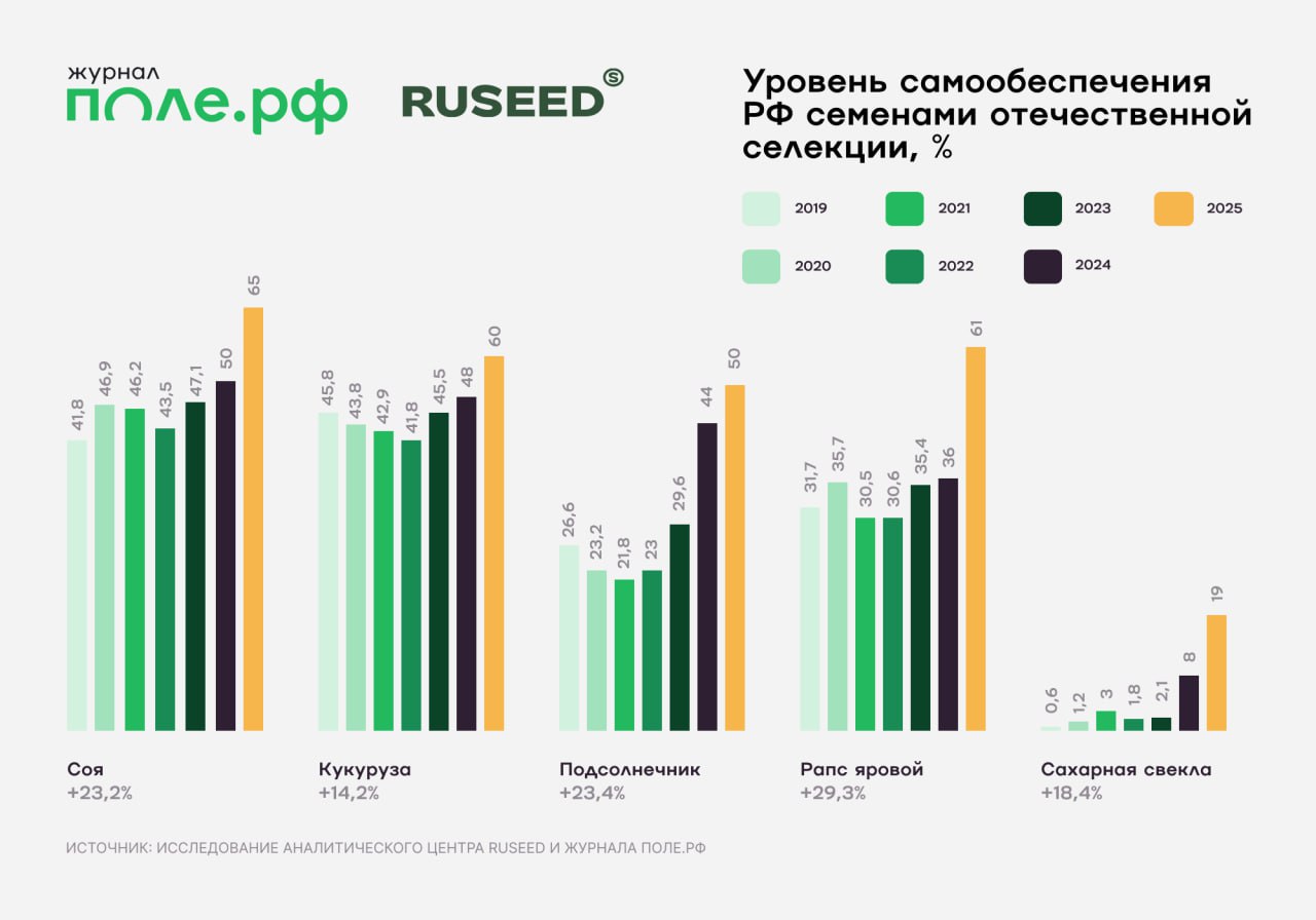 Как менялась доля высева семян российской селекции на горизонте последних 5 6 лет По данным совместного исследования аналитического центра RUSEED и журнала Поле РФ показатель самообеспеченности РФ собственными семенами вырос по всем ключевым культурам Лучшую динамику показал яровой рапс в 2019 году доля высева российских семян культуры составляла 31 7 а в 2025 году уже 61 Значительные успехи были достигнуты и самой импортозависимой культуре сахарной свекле Если в 2019 году российские гибриды не занимали и 1 рынка то по итогам 2025 года их доля достигла 19 Больше информации по рынку селекции и семеноводства в 2025 году в статье а семена российской селекции можно купить на платформе Поле РФ Подписывайтесь на нас в Telegram в MAX Оставляйте бусты