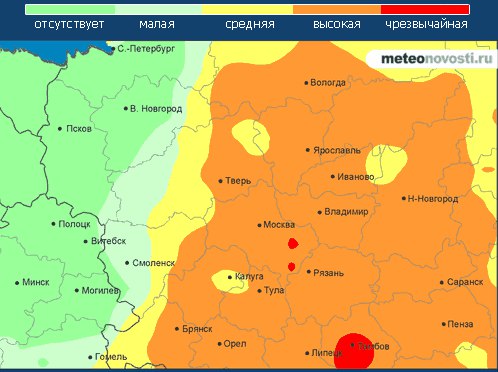 С 24 мая средняя суточная температура воздуха в столичной области превышает норму на 5 градусов и более, и максимальная температура выше 25 градусов. А дожди остались во второй декаде месяца. Все это привело к росту степени пожарной опасности в Московской области. На карте видно, что на всей территории степень пожарной опасности достигла стадии высокая. Улучшение ситуации ожидается к выходным, после локальных кратковременных дождей.
