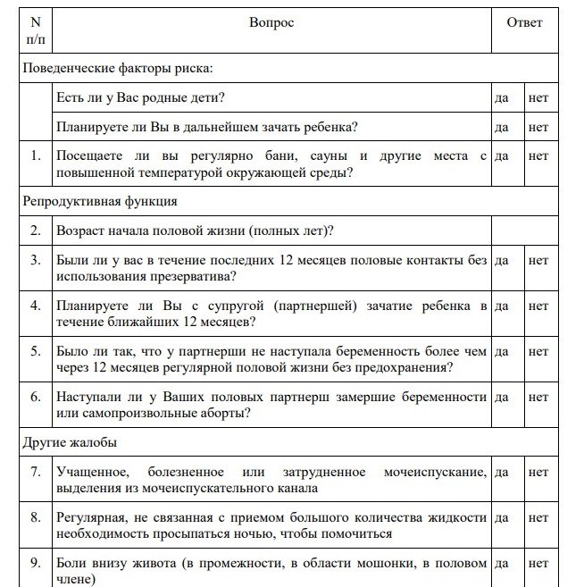 Рязанцев начали обследовать на репродуктивное здоровье по методичке, разработанной минздравом и опубликованной на сайте с нормативными актами РФ. Исследование включает в себя осмотр гинекологом для женщин, осмотр урологом и спермограмму для мужчин, исследования на инфекции, узи, повторные приёмы врачей, анкетирование. Пациентов просят ответить на вопросы о начале половой жизни, способах предохранения, хронически заболеваниях. Женщин спрашивают также об особенностях менструаций, беременностях и родах. По результатам диспансеризации формируются три группы здоровья, назначается дополнительное обследование, лечение, даются рекомендации. В частности, женщинам должны рассказывать о негативном влиянии курения, употребления алкоголя, избыточной массы тела на зачатие. С мужчинами подобные беседы методичкой не предусмотрены.