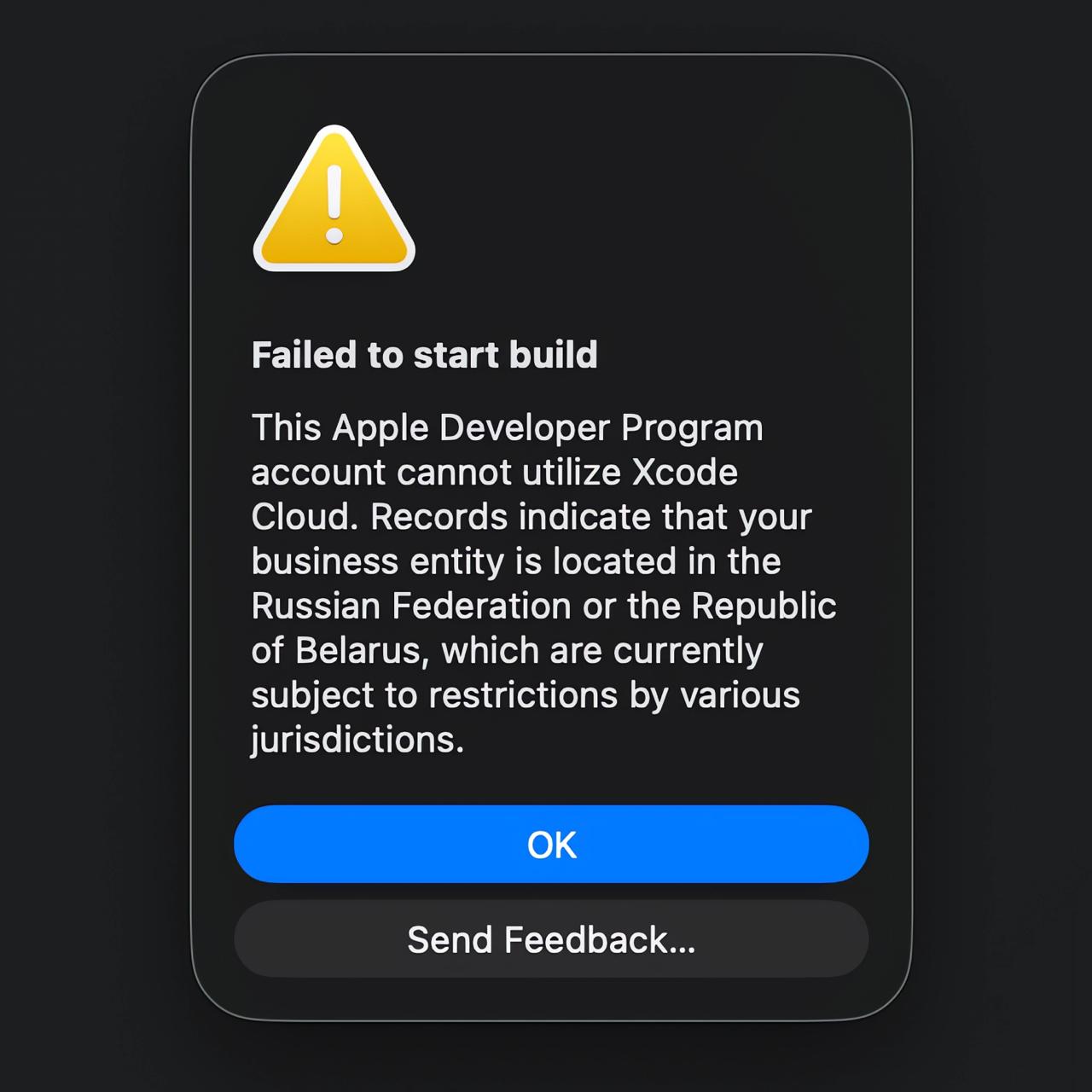 Xcode Cloud вырубили для учеток РФ и РБ Для физиков: смотрят реальное гео. Если аккаунт в Казахстане, но входите из мск — тоже вырубят. Даже с VPN как-то определяют Для юриков: смотрят только регион аккаунта не гео . Даже если добавленные в учетку разработчики в РФ — всё работает Мы открываем компании в UK, на которые открывается Apple Developer Program без санкций