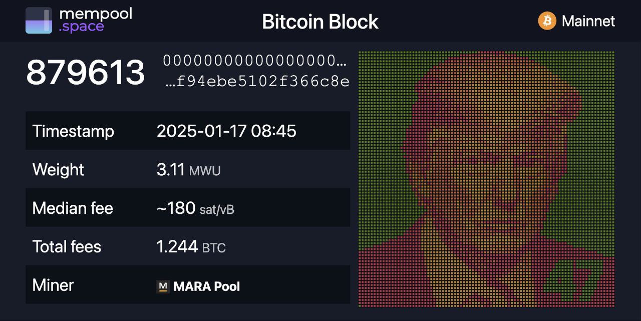 #BTC #сша #крипто #трамп #макро  Крупнейший в мире публичный майнер MARA встроил портрет Трампа в блок BTC в честь его предстоящей инаугурации. Первый про-крипто президент США.